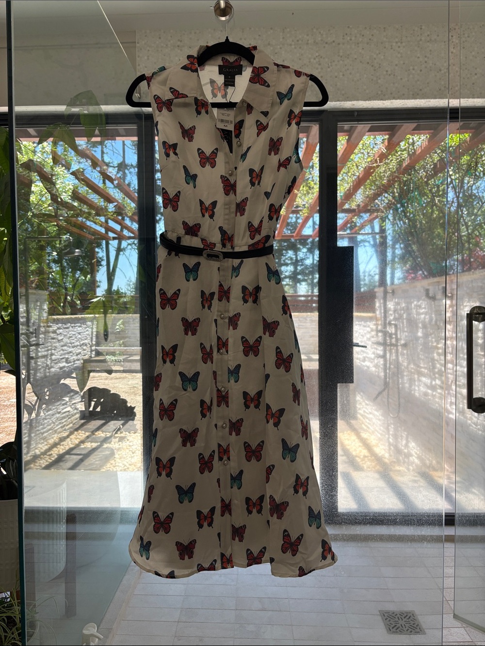 Gracia White Sleeveless Butterfly-Print Midi Dress